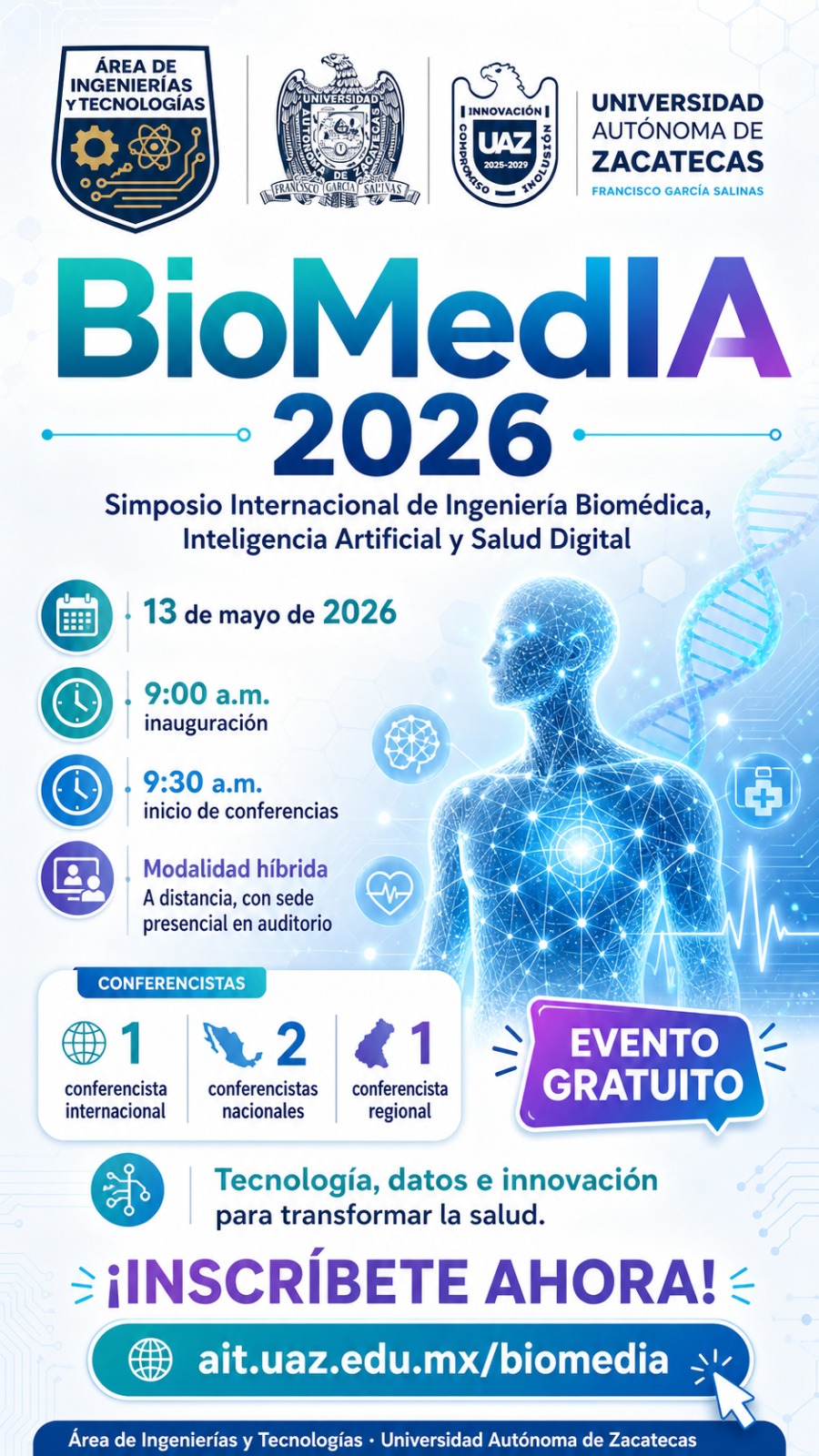 Flyer BioMedIA 2026 - Simposio Internacional de Ingeniería Biomédica, Inteligencia Artificial y Salud Digital