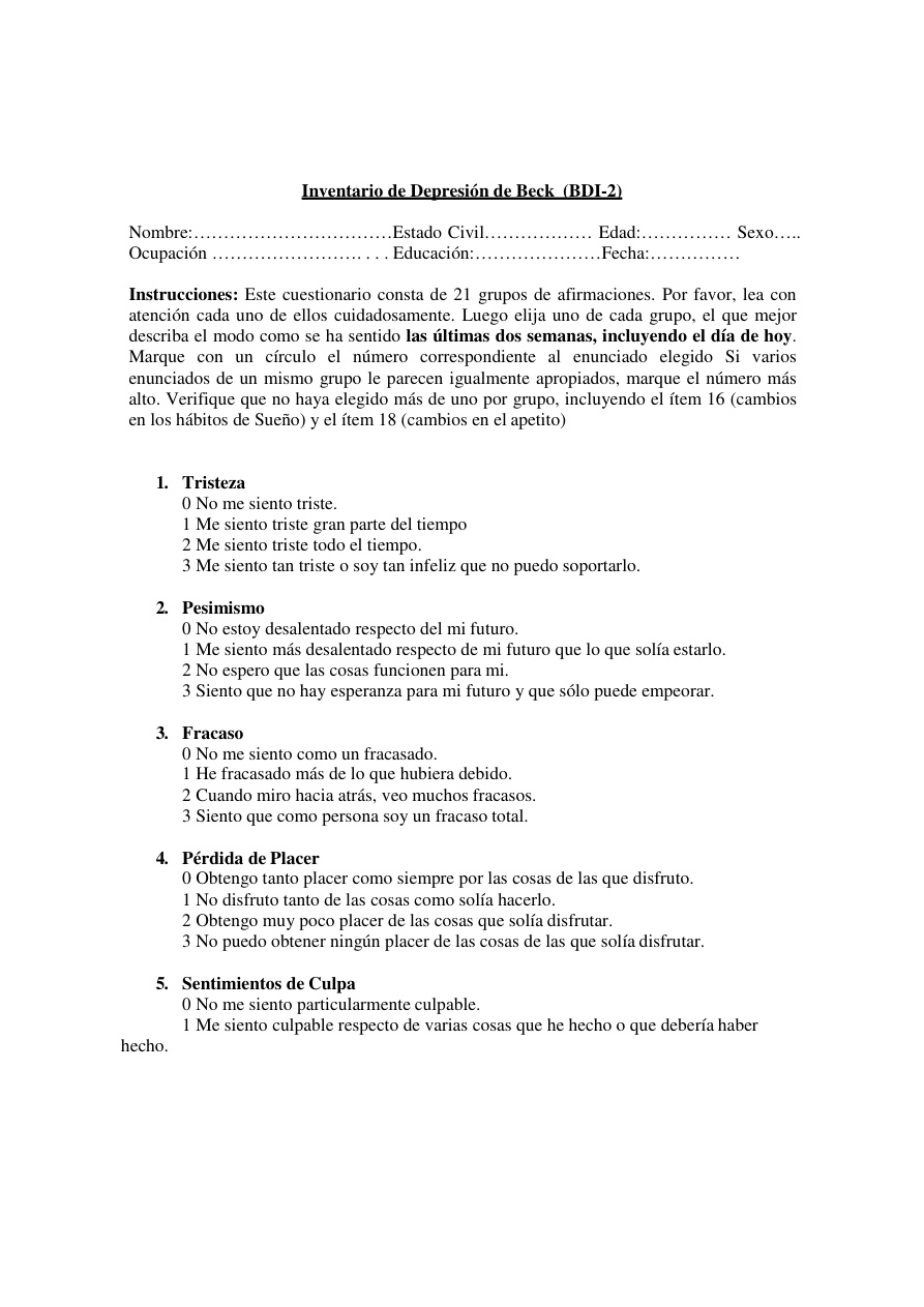 Inventario de Depresión de Beck BDI-2 página 1